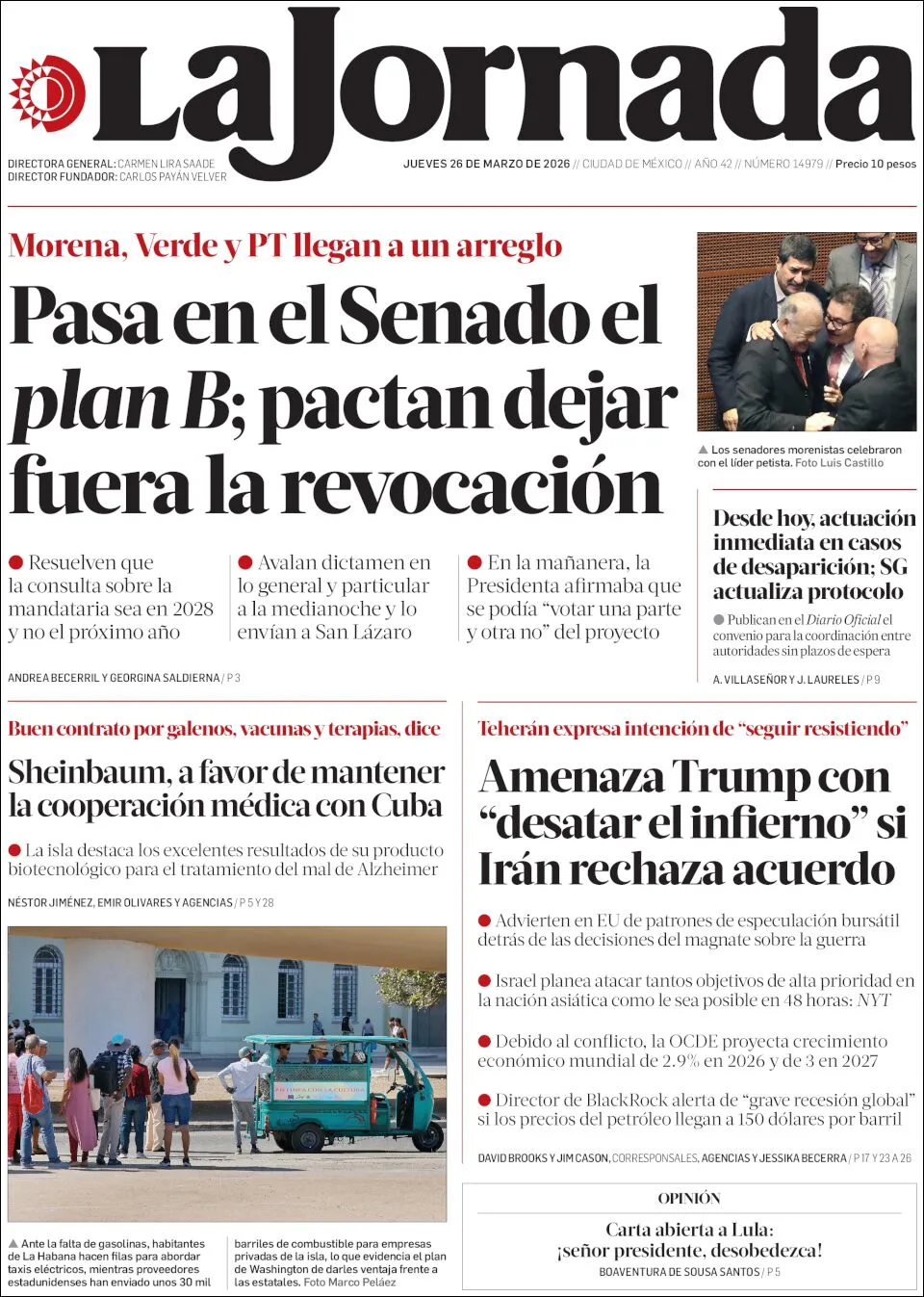 Portada de La Jornada del jueves, 26 de marzo de 2026