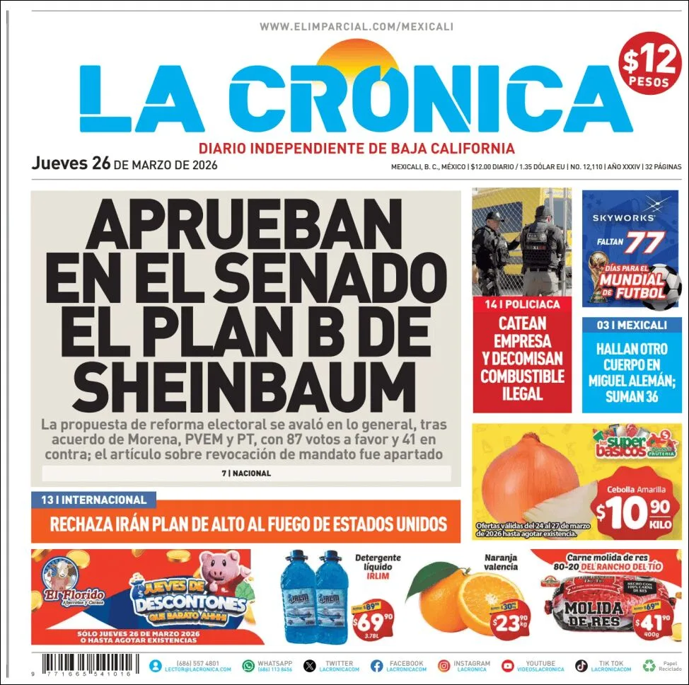 Portada de La Cronica del jueves, 26 de marzo de 2026