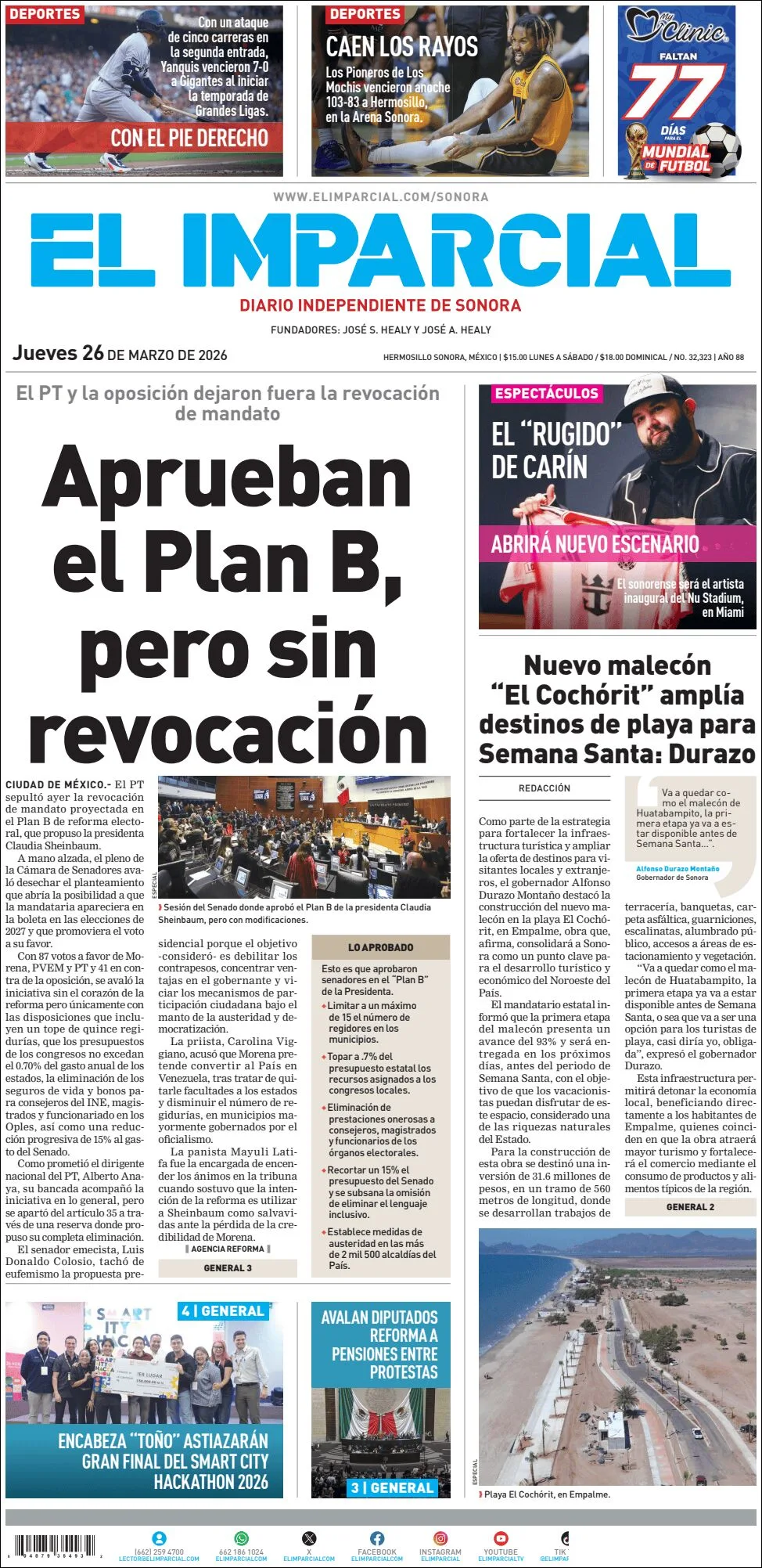 Portada de El Imparcial del jueves, 26 de marzo de 2026