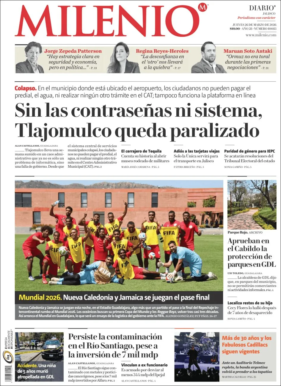 Portada de Milenio Jalisco del jueves, 26 de marzo de 2026