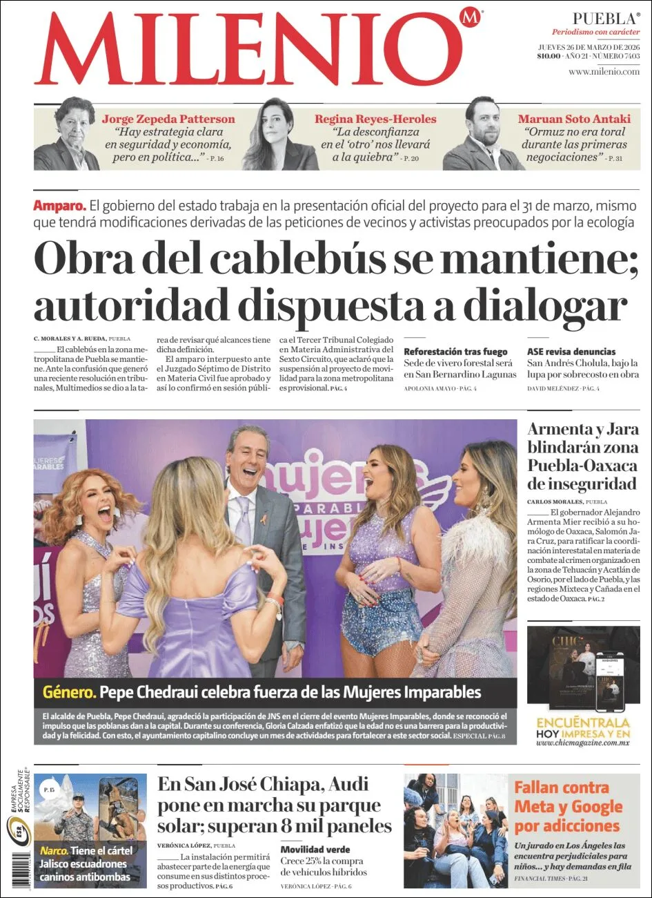 Portada de Milenio Puebla del jueves, 26 de marzo de 2026