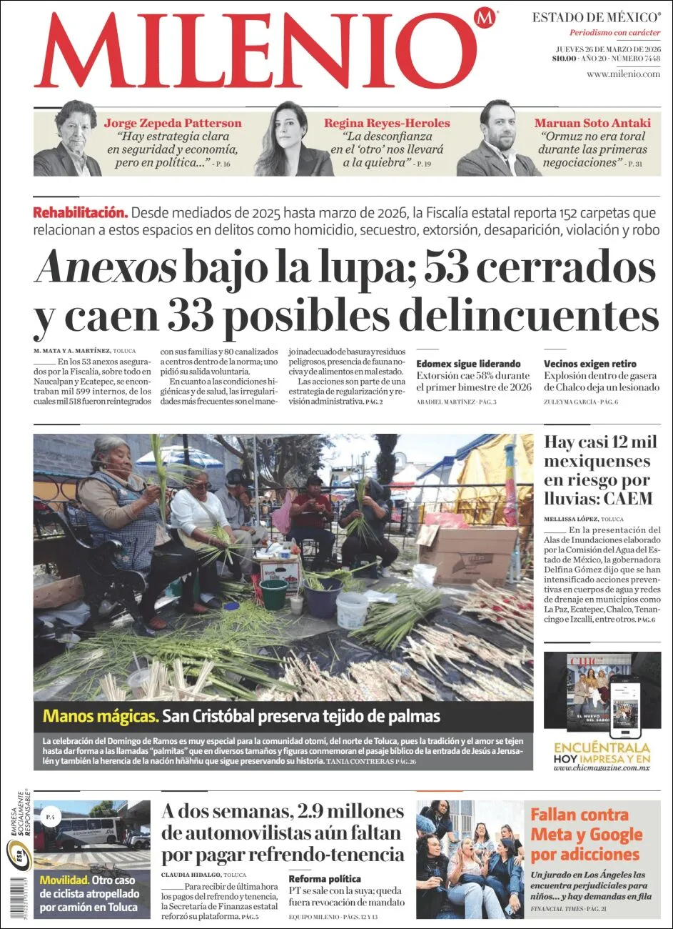 Portada de Milenio Edo de Mexico del jueves, 26 de marzo de 2026