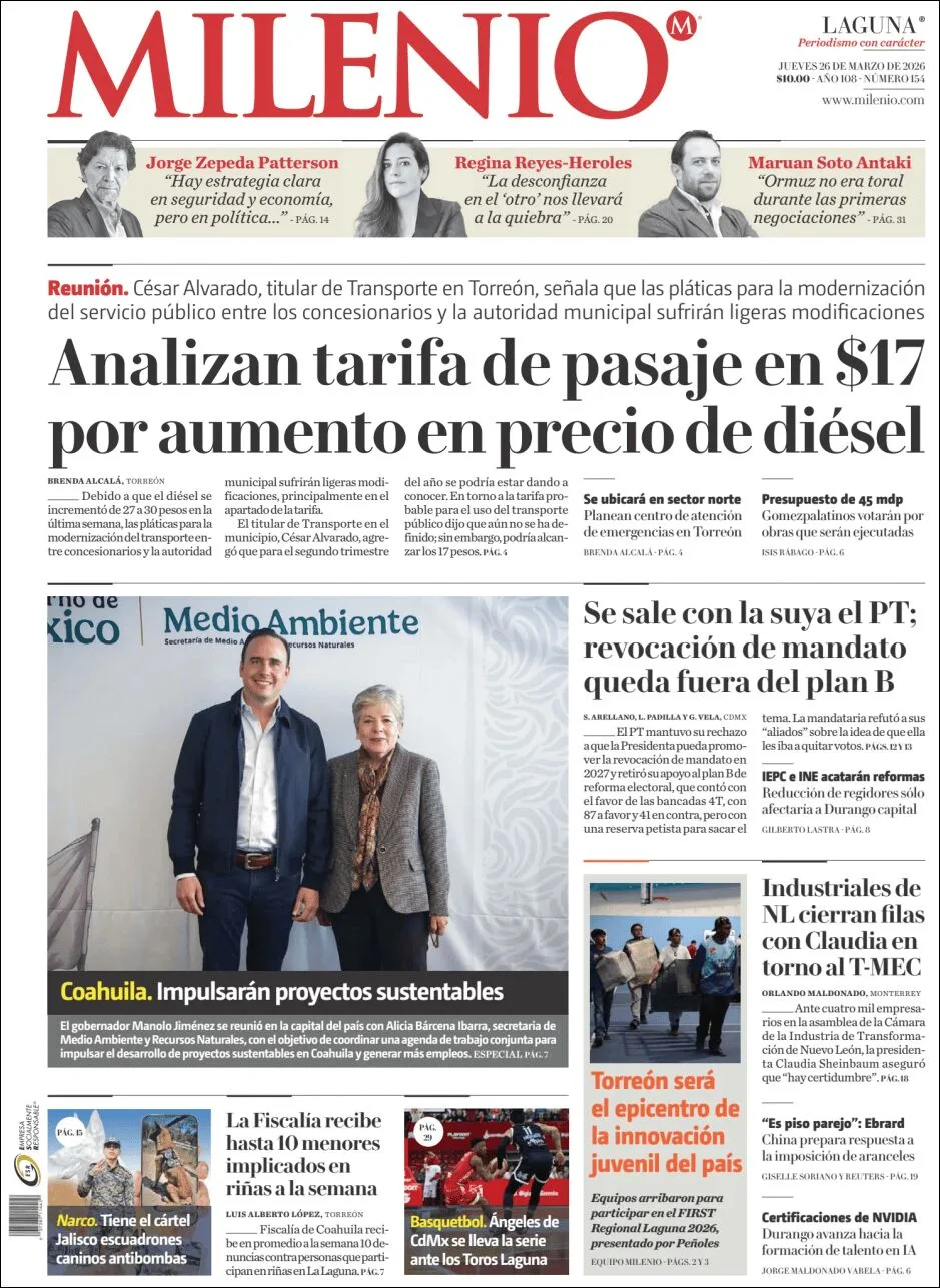 Portada de Milenio Laguna del jueves, 26 de marzo de 2026
