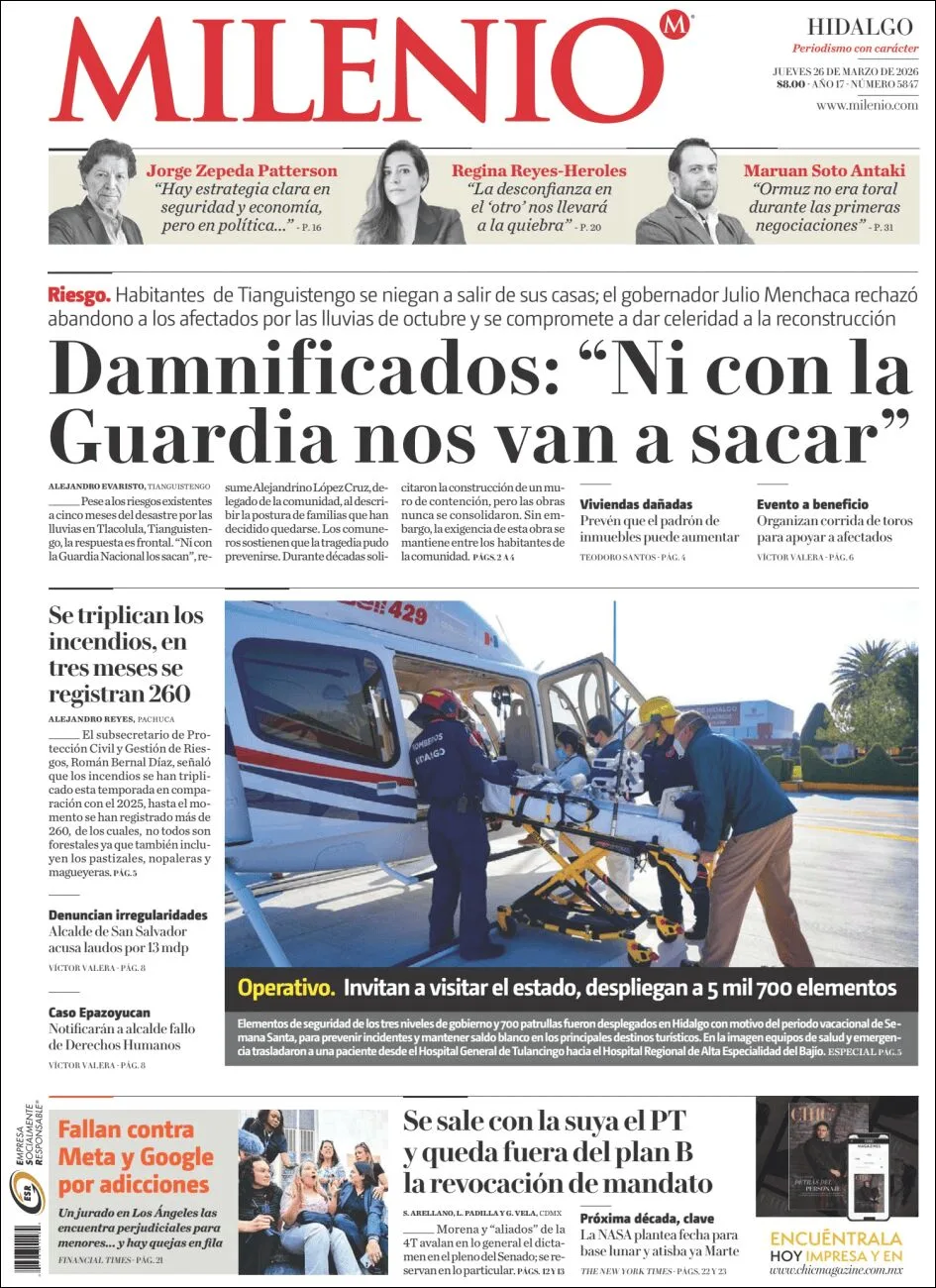 Portada de Milenio Hidalgo del jueves, 26 de marzo de 2026
