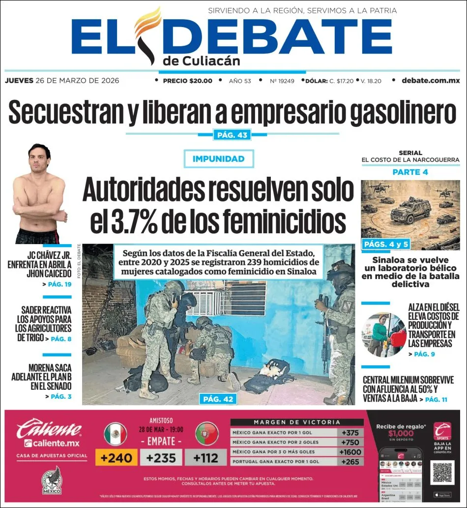 Portada de El Debate de Culiacan del jueves, 26 de marzo de 2026