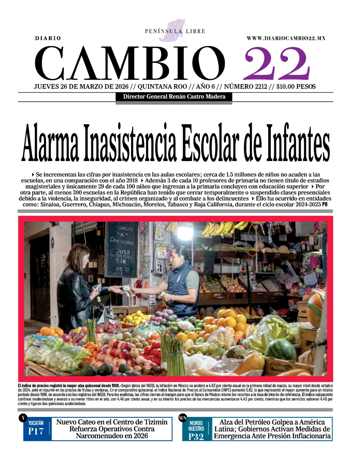Portada de Diario Cambio 22 (contraportada) del jueves, 26 de marzo de 2026