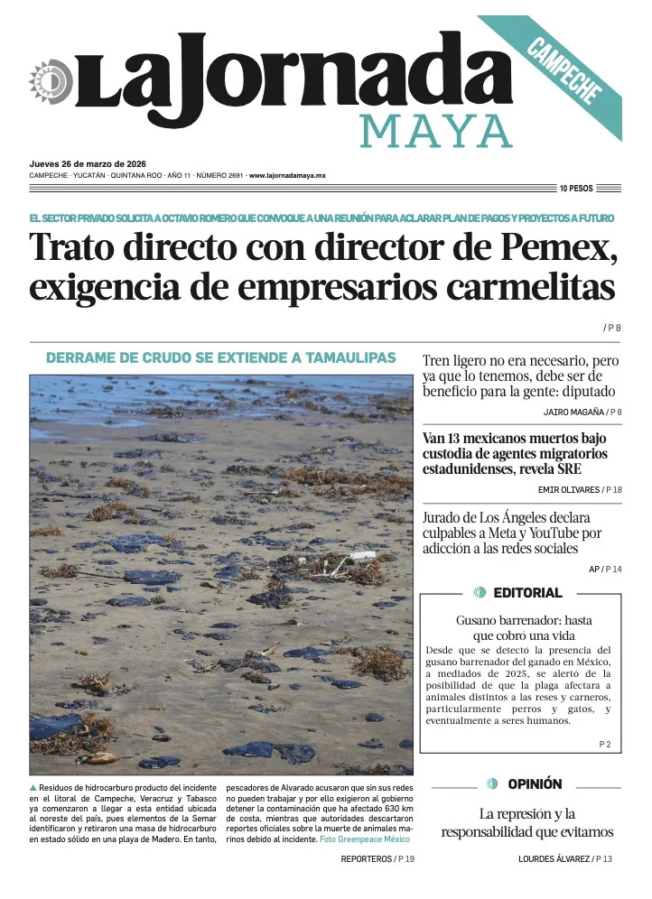 Portada de La Jornada Maya Campeche del jueves, 26 de marzo de 2026