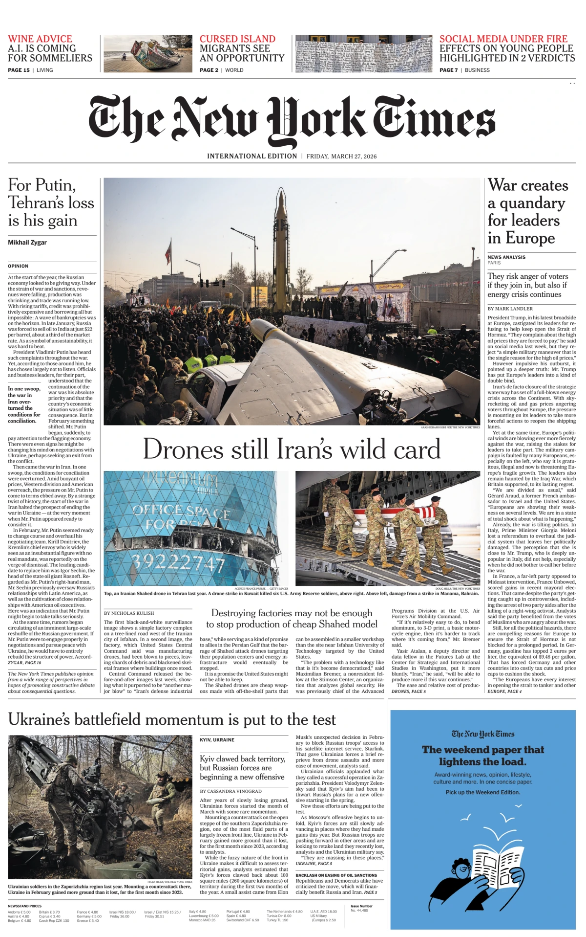 Portada de The New York Times (international) del viernes, 27 de marzo de 2026