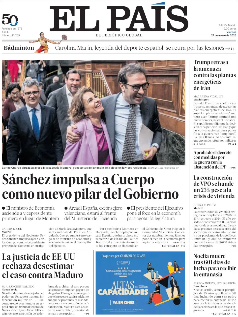 Portada de El Pais del viernes, 27 de marzo de 2026