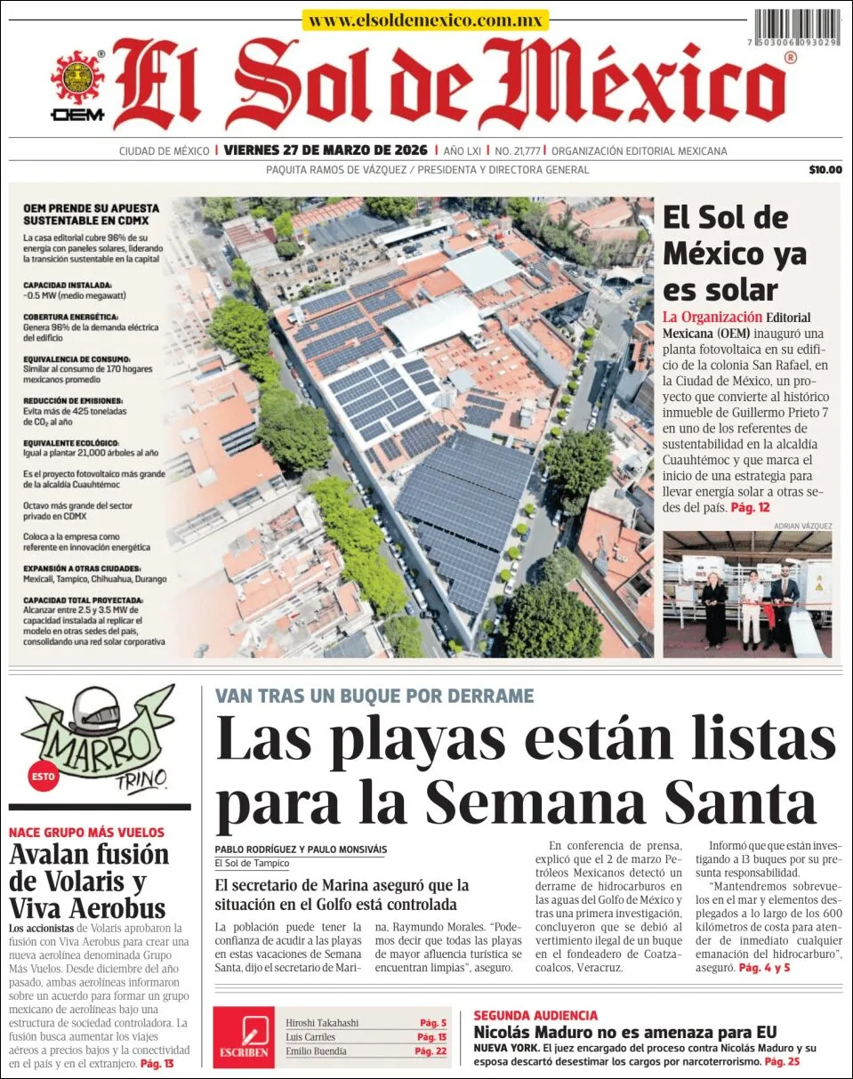 Portada de El Sol de Mexico del viernes, 27 de marzo de 2026