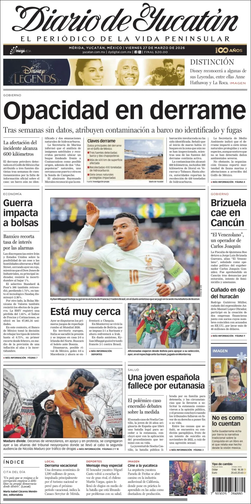 Portada de Diario de Yucatán del viernes, 27 de marzo de 2026
