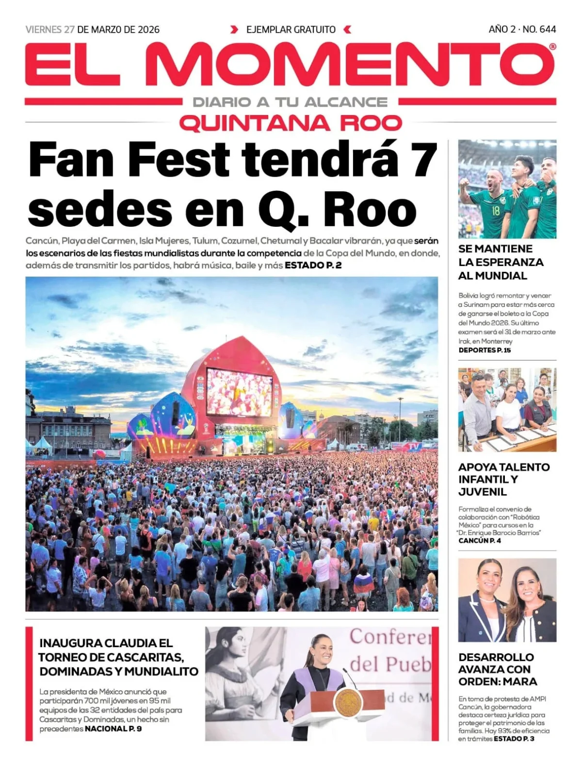 Portada de El Momento Quintana Roo del viernes, 27 de marzo de 2026