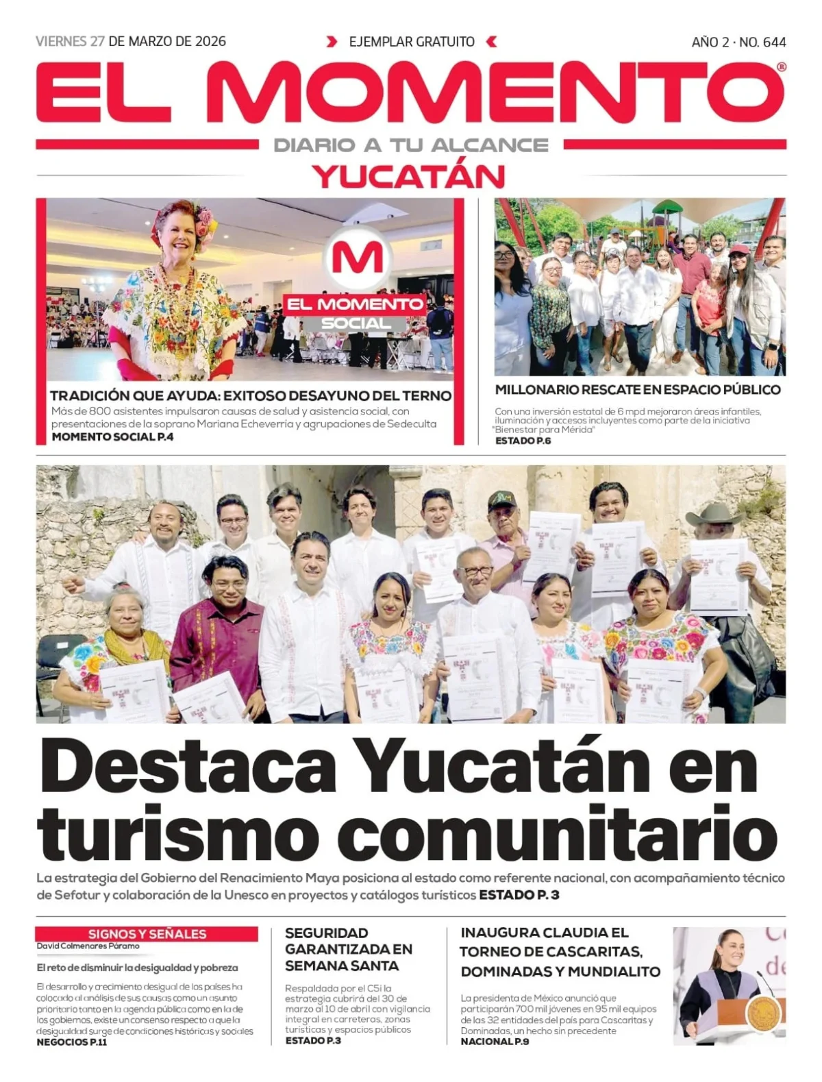 Portada de El Momento Yucatan del viernes, 27 de marzo de 2026