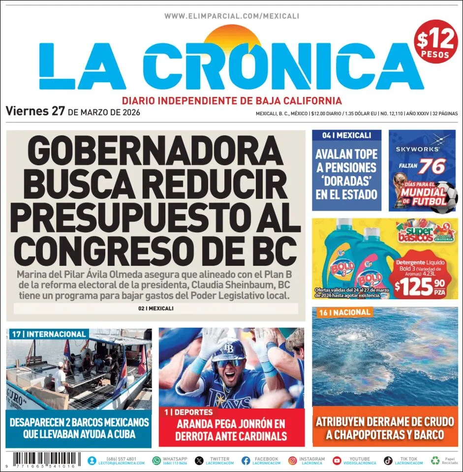 Portada de La Cronica del viernes, 27 de marzo de 2026