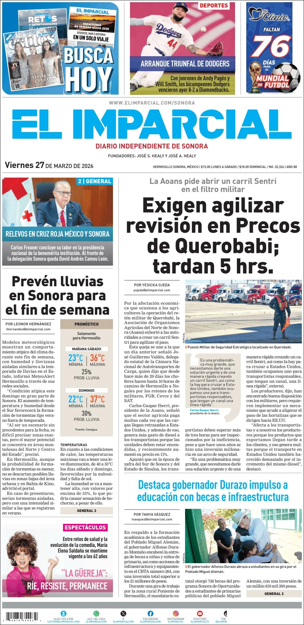 Portada de El Imparcial del viernes, 27 de marzo de 2026