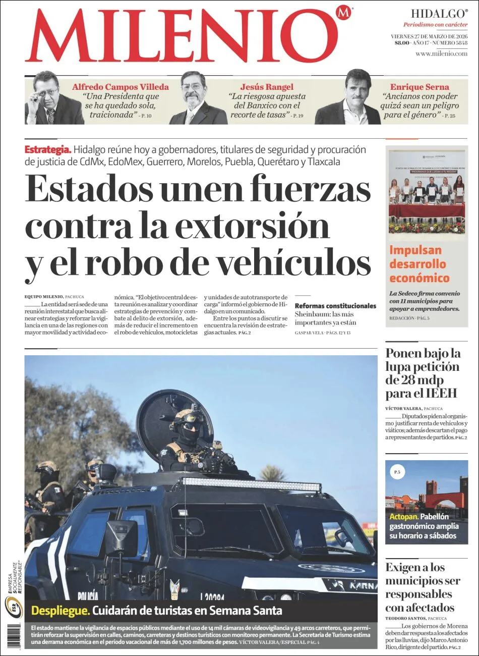 Portada de Milenio Hidalgo del viernes, 27 de marzo de 2026