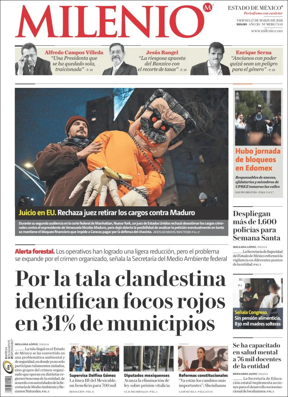 Portada de Milenio Edo de Mexico del viernes, 27 de marzo de 2026