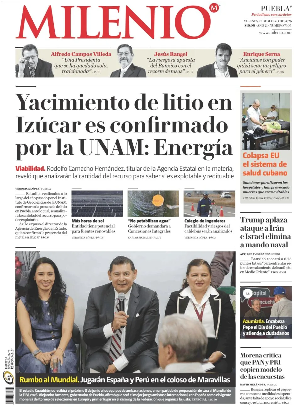 Portada de Milenio Puebla del viernes, 27 de marzo de 2026