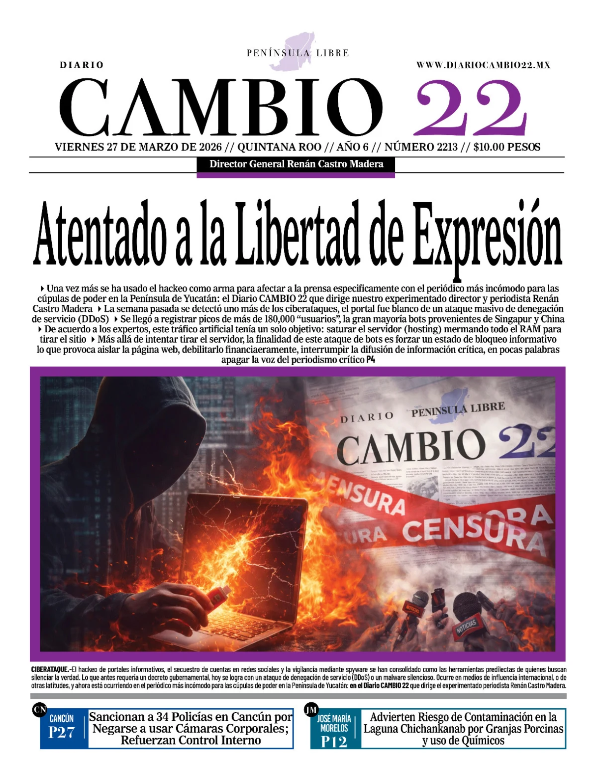 Portada de Diario Cambio 22 (contraportada) del viernes, 27 de marzo de 2026