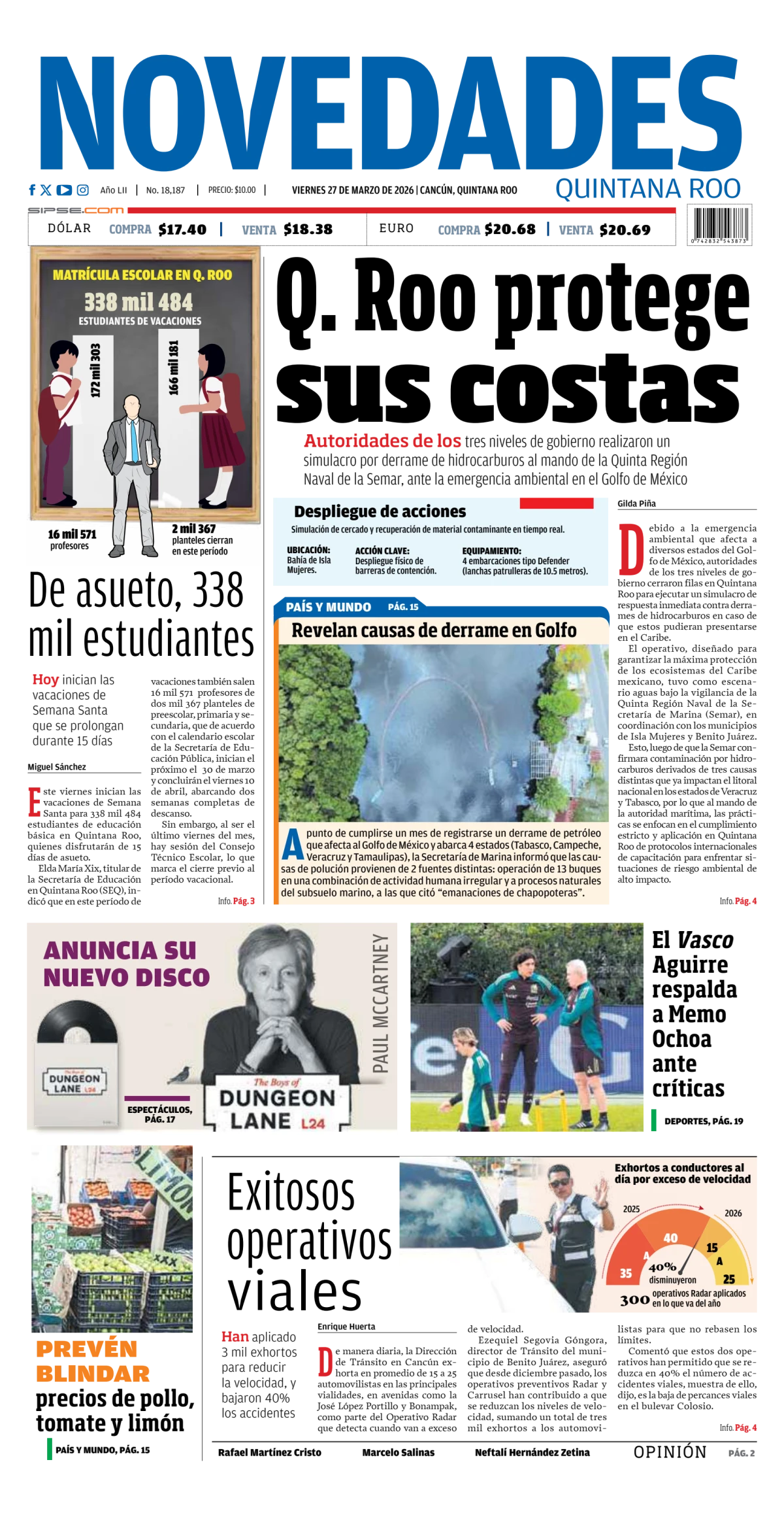 Portada de Novedades Quintana Roo del viernes, 27 de marzo de 2026