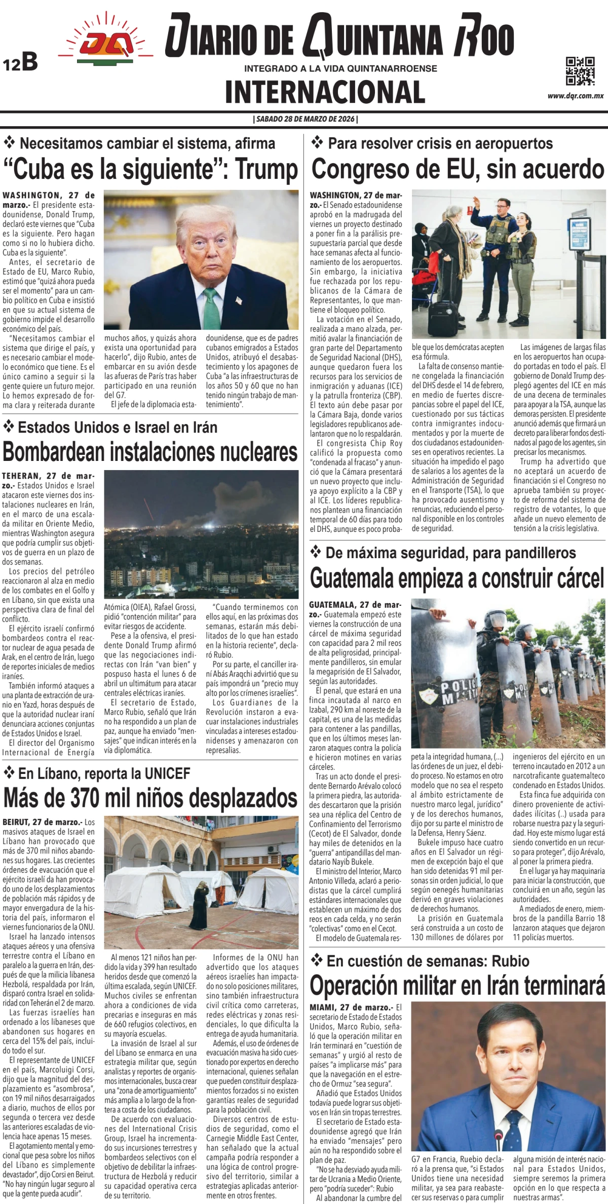 Portada de Diario de Quintana Roo (contra Portada) del sábado, 28 de marzo de 2026