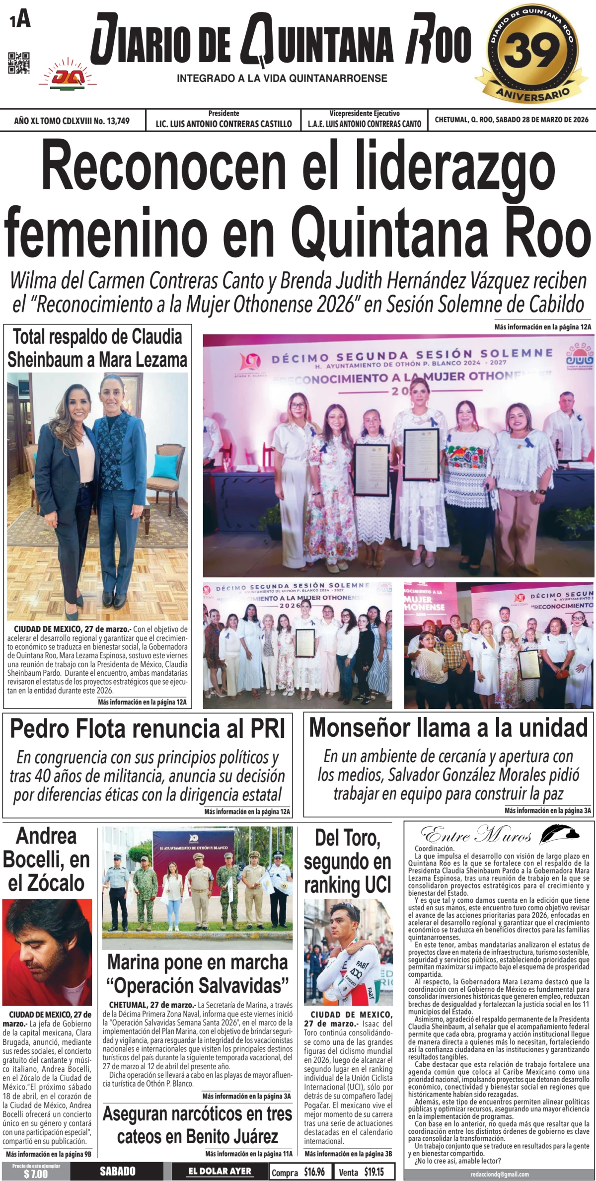 Portada de Diario de Quintana Roo (portada) del sábado, 28 de marzo de 2026
