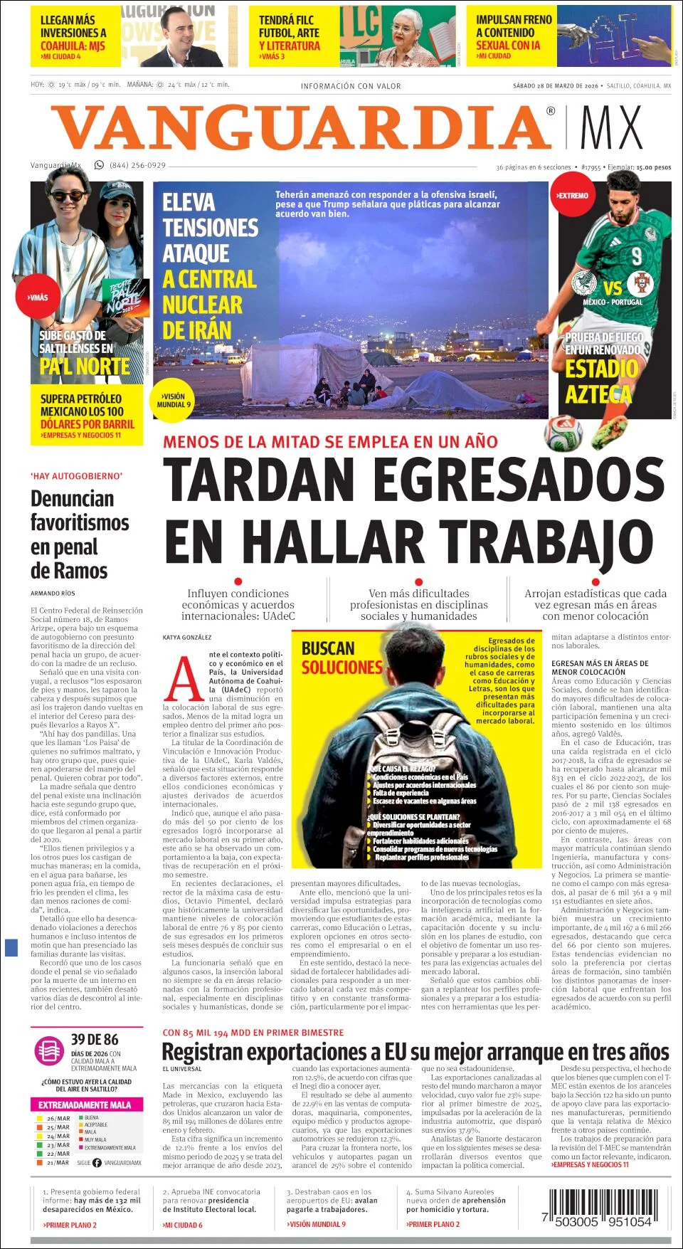 Portada de Vanguardia del sábado, 28 de marzo de 2026