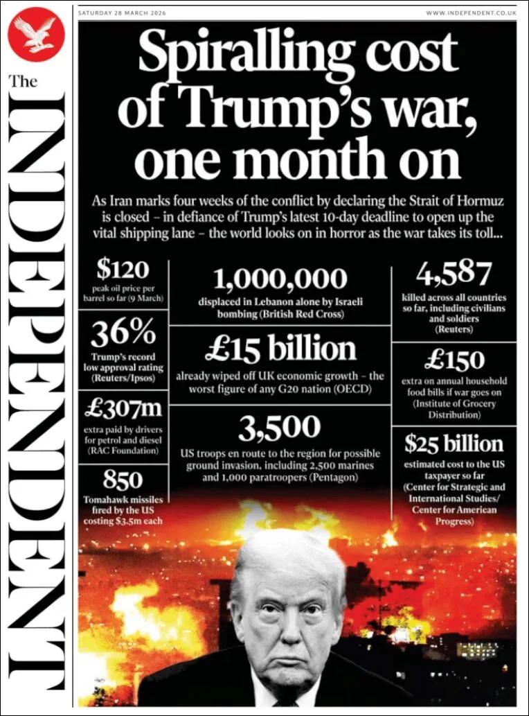 Portada de The Independent del sábado, 28 de marzo de 2026