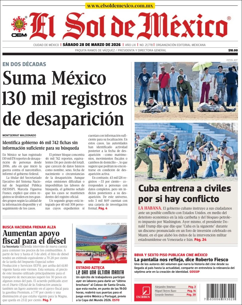 Portada de El Sol de Mexico del sábado, 28 de marzo de 2026