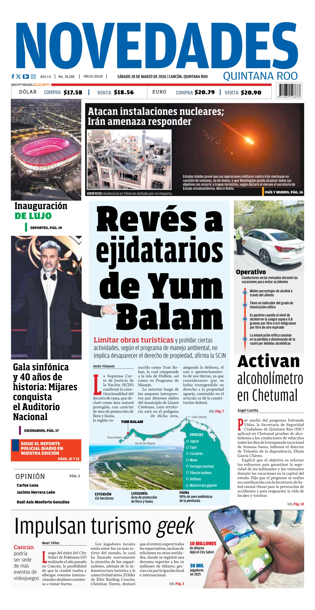 Portada de Novedades Quintana Roo del sábado, 28 de marzo de 2026
