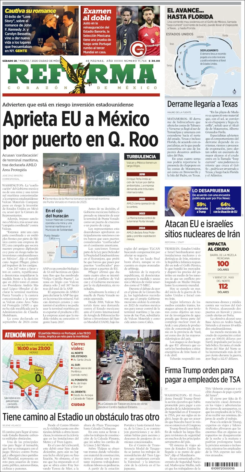 Portada de Reforma del sábado, 28 de marzo de 2026