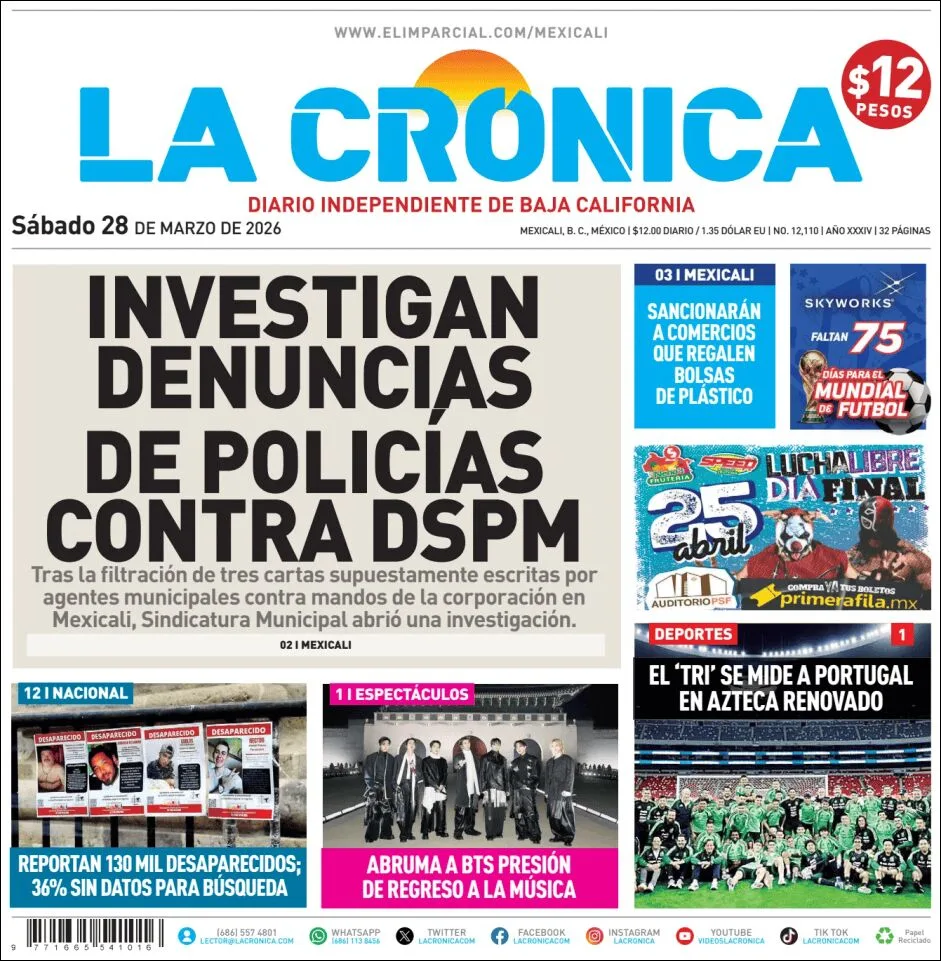 Portada de La Cronica del sábado, 28 de marzo de 2026