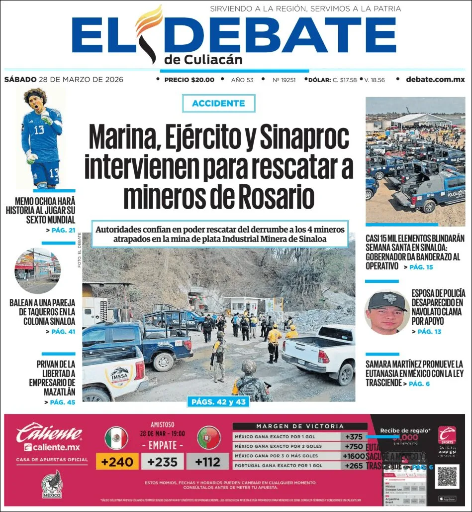 Portada de El Debate de Culiacan del sábado, 28 de marzo de 2026