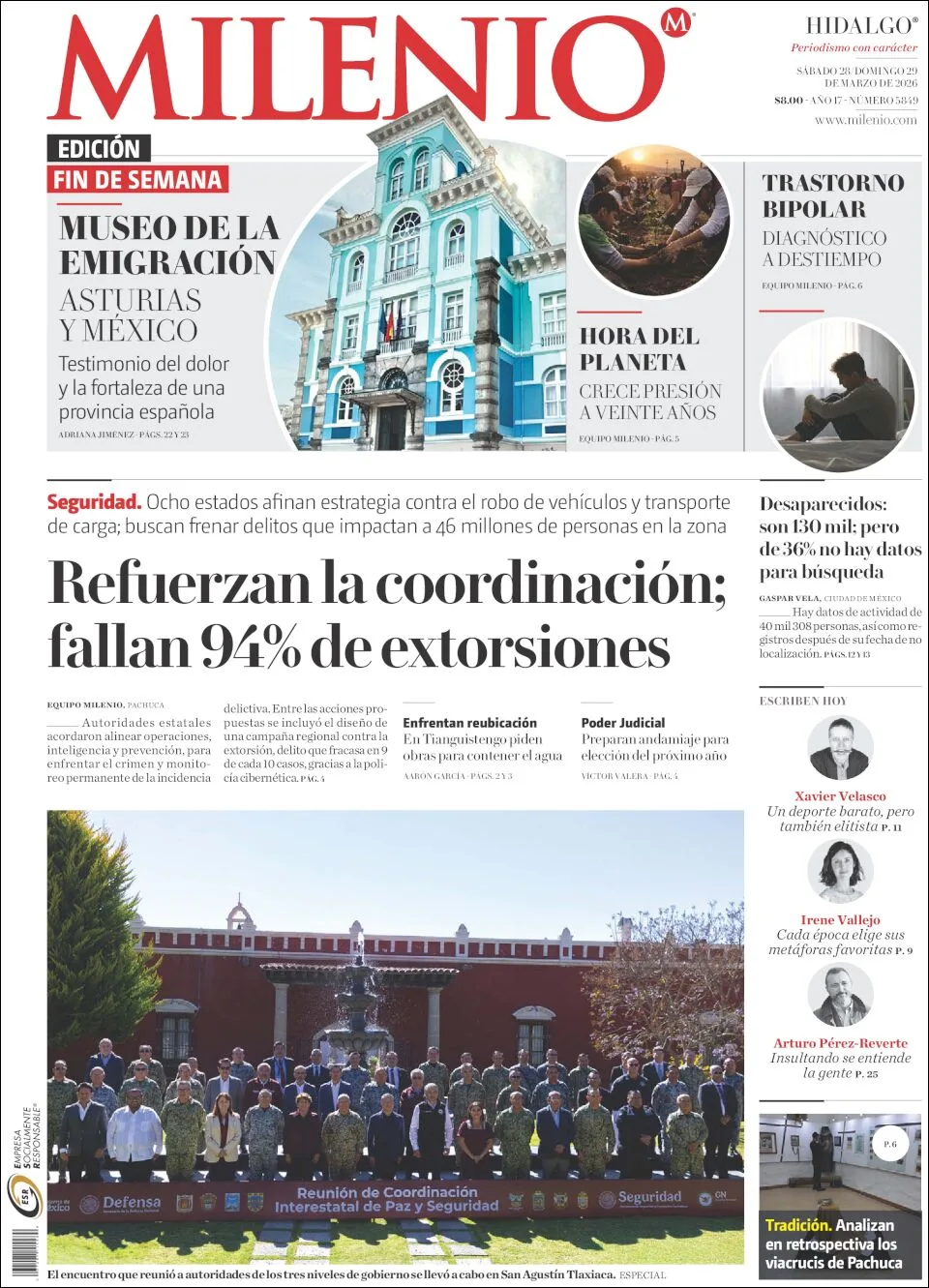 Portada de Milenio Hidalgo del sábado, 28 de marzo de 2026