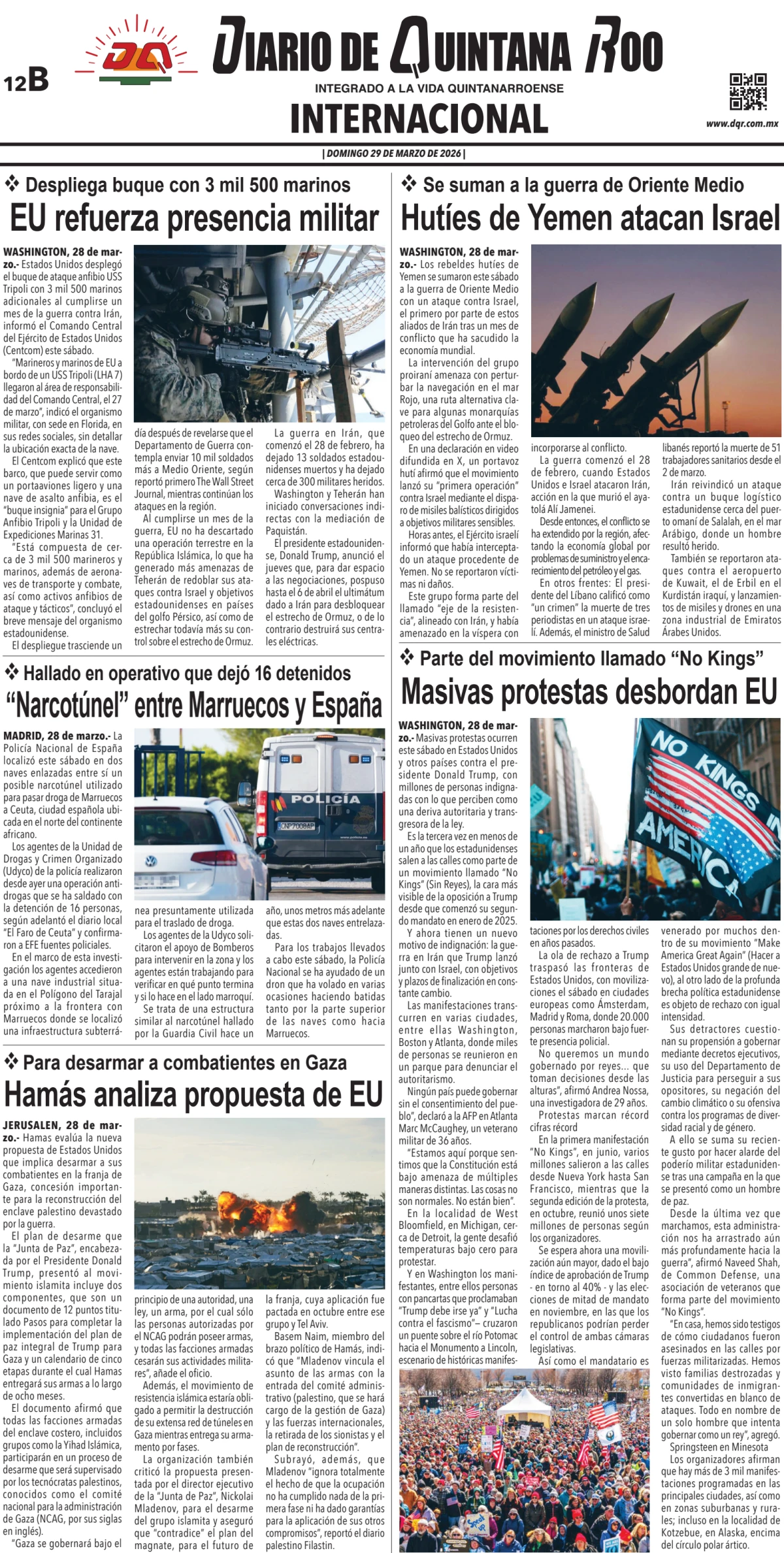 Portada de Diario de Quintana Roo (contra Portada) del domingo, 29 de marzo de 2026