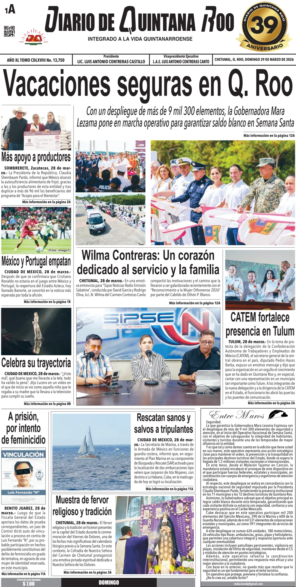 Portada de Diario de Quintana Roo (portada) del domingo, 29 de marzo de 2026