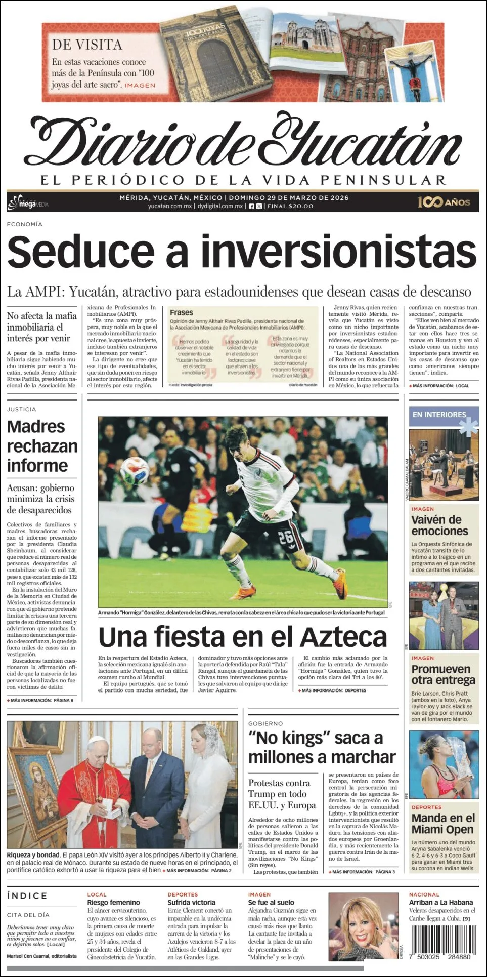 Portada de Diario de Yucatán del domingo, 29 de marzo de 2026
