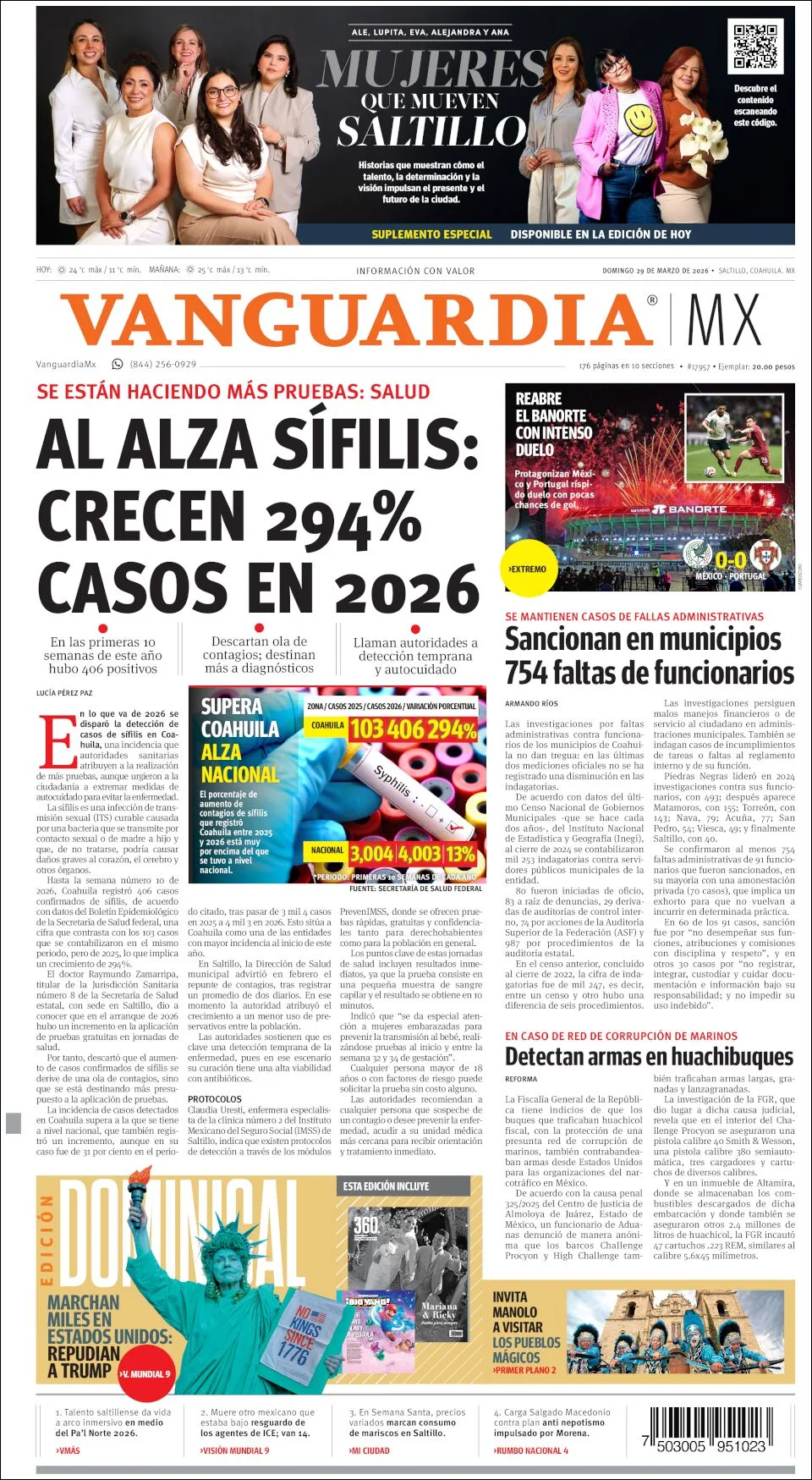 Portada de Vanguardia del domingo, 29 de marzo de 2026