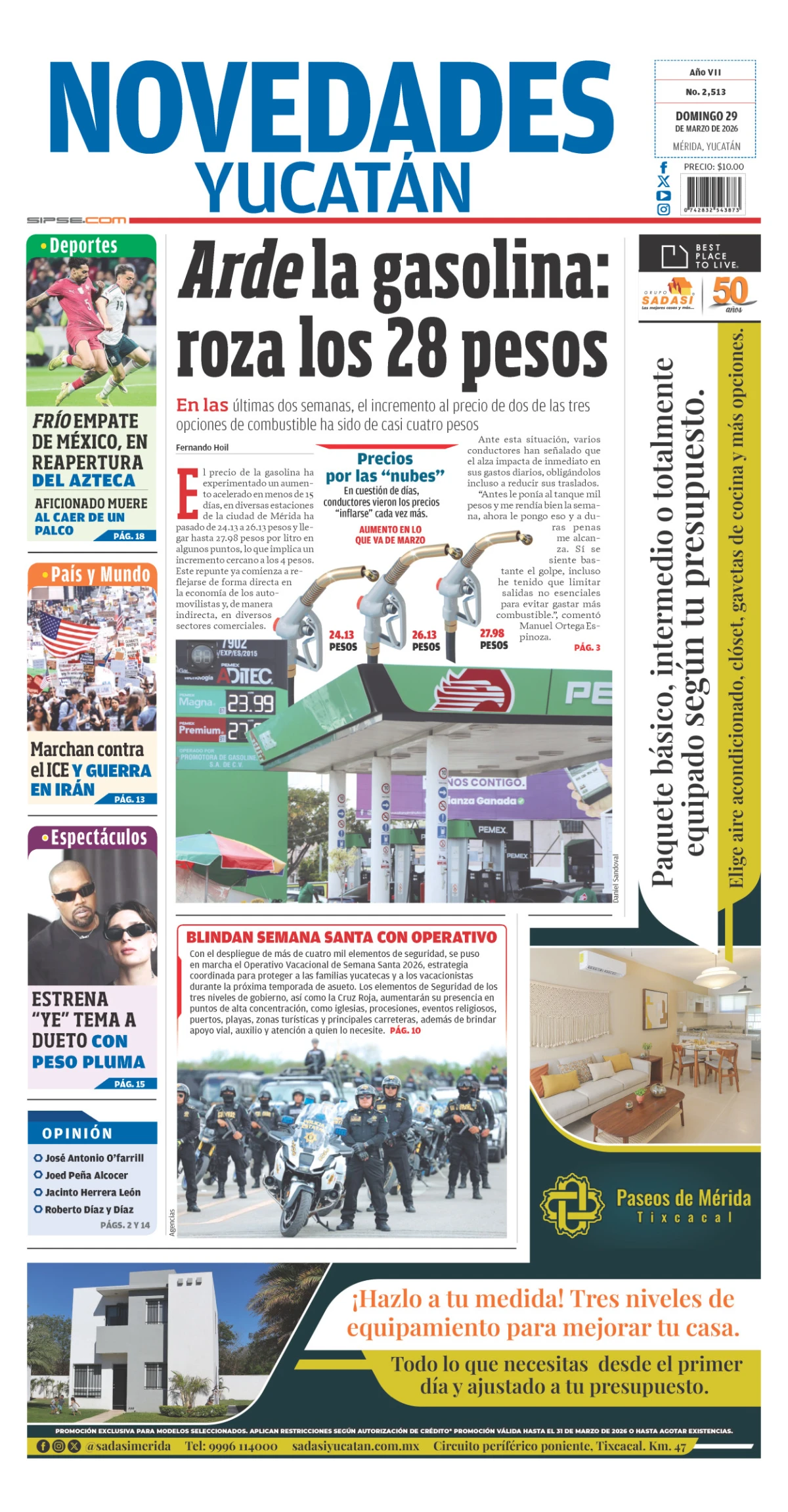 Portada de Novedades Yucatan del domingo, 29 de marzo de 2026