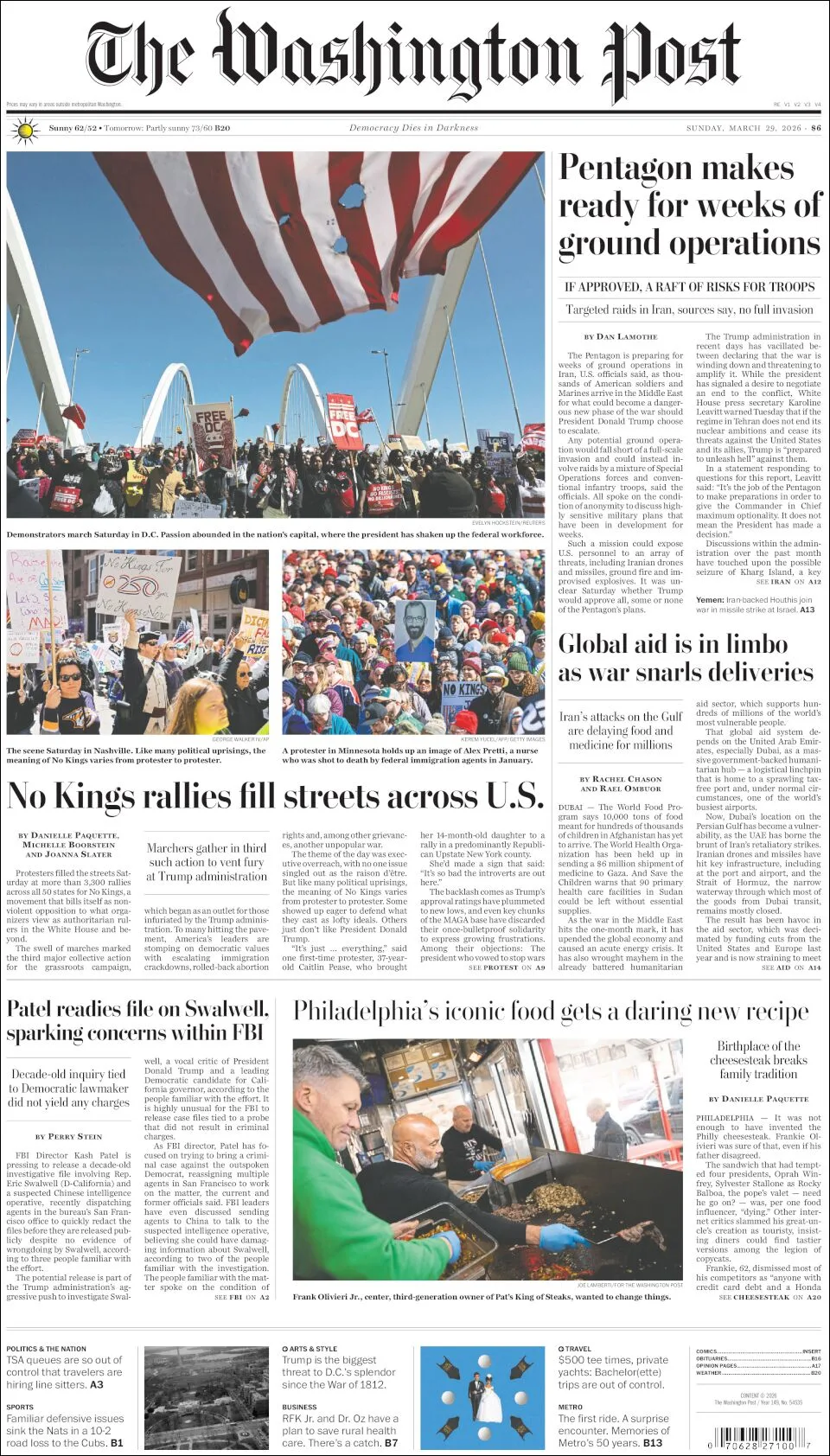 Portada de The Washington Post del domingo, 29 de marzo de 2026