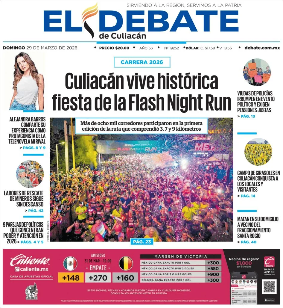 Portada de El Debate de Culiacan del domingo, 29 de marzo de 2026
