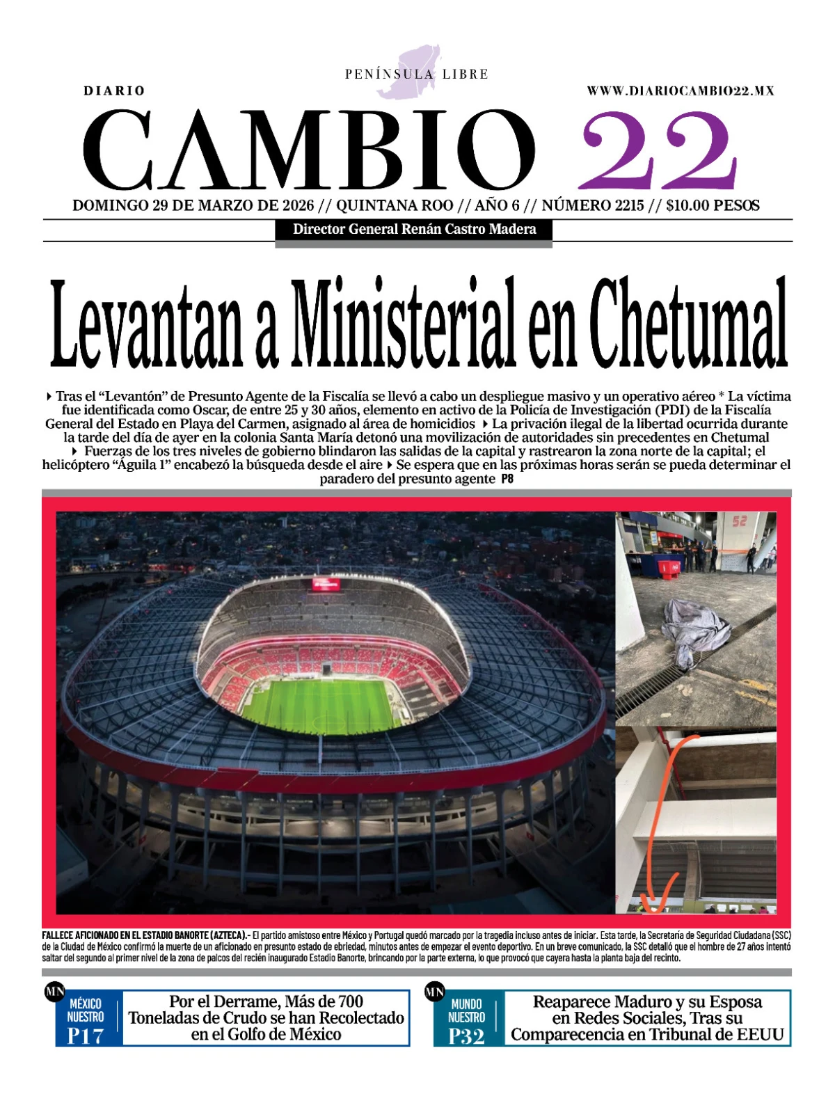 Portada de Diario Cambio 22 (contraportada) del domingo, 29 de marzo de 2026