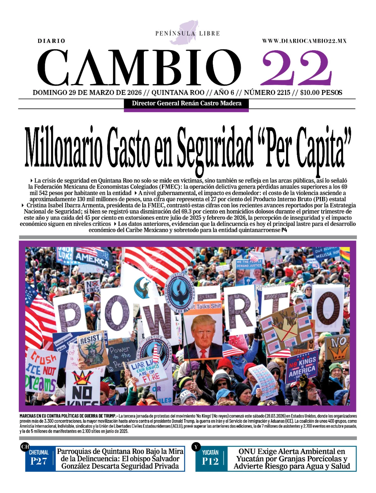 Portada de Diario Cambio 22 (portada) del domingo, 29 de marzo de 2026