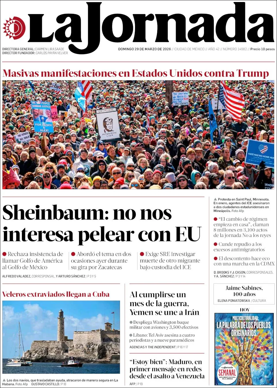 Portada de La Jornada del domingo, 29 de marzo de 2026