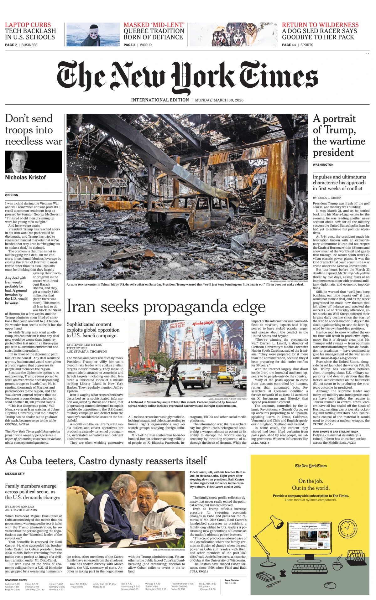 Portada de The New York Times (international) del lunes, 30 de marzo de 2026