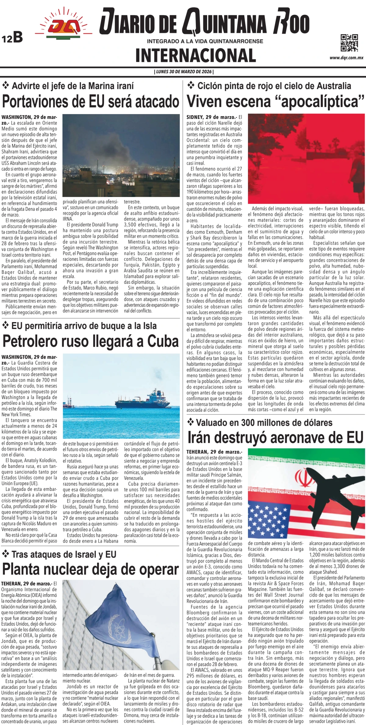 Portada de Diario de Quintana Roo (contra Portada) del lunes, 30 de marzo de 2026