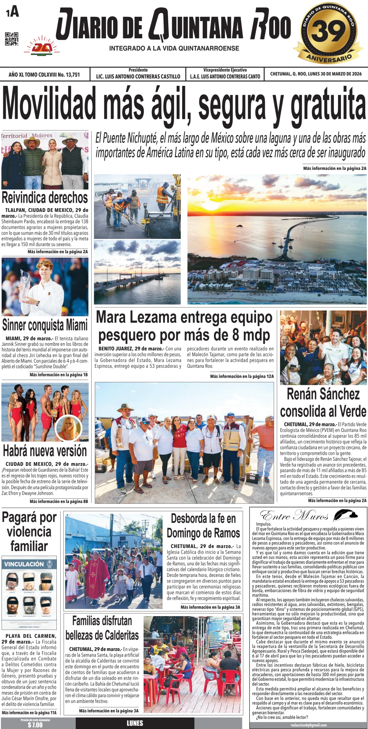 Portada de Diario de Quintana Roo (portada) del lunes, 30 de marzo de 2026
