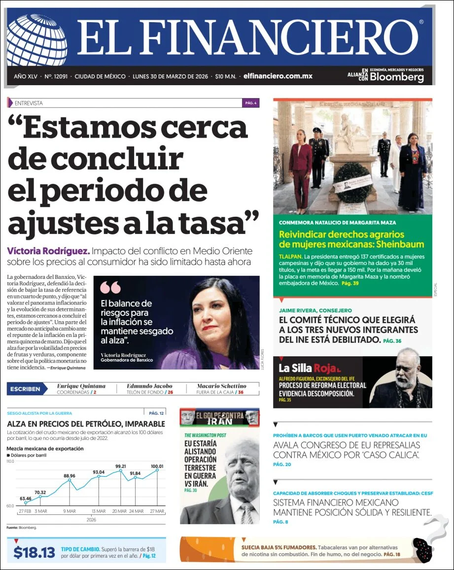 Portada de El Financiero del lunes, 30 de marzo de 2026