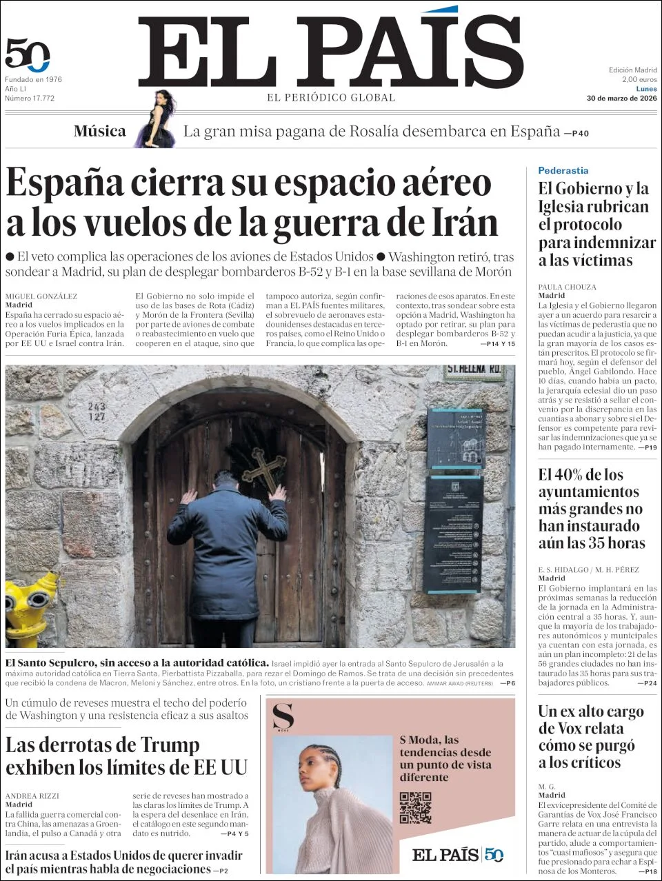 Portada de El Pais del lunes, 30 de marzo de 2026