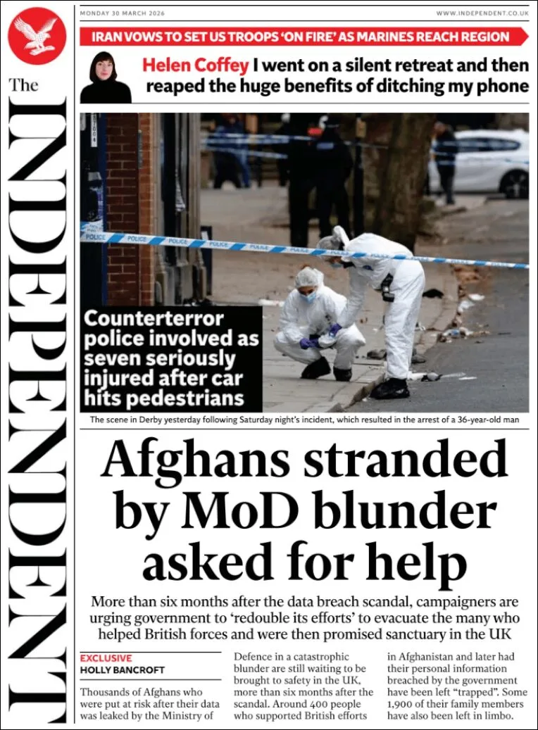 Portada de The Independent del lunes, 30 de marzo de 2026